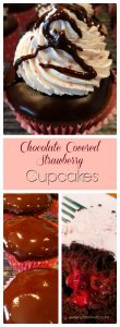 Chocolate cupcakes filled with fresh strawberry filling and dipped in a chocolate satin glaze frosting.