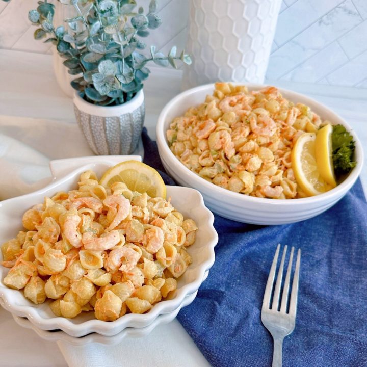 Shrimp Pasta salad in serving bowls.
