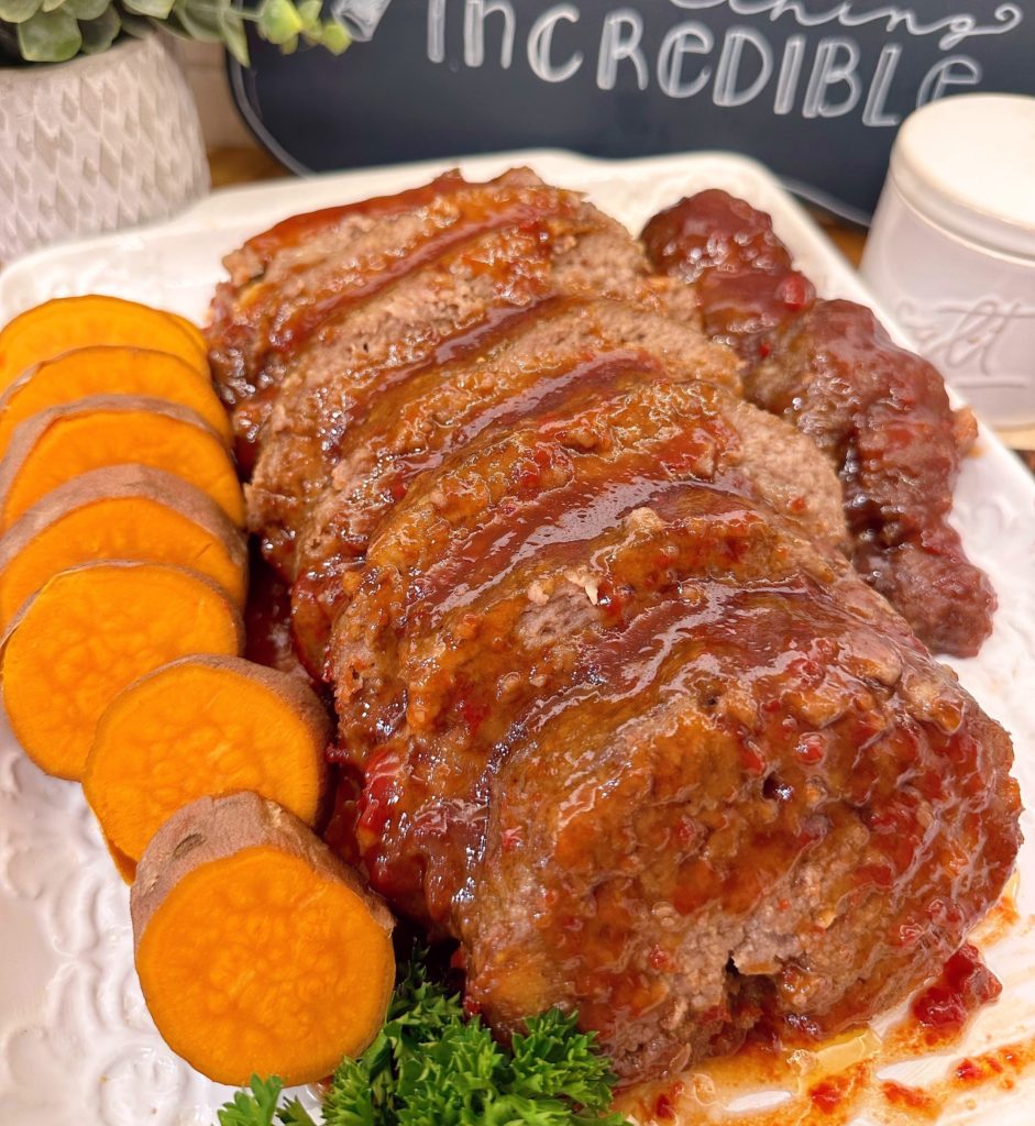 Brown Sugar Meatloaf sliced and ready to serve.