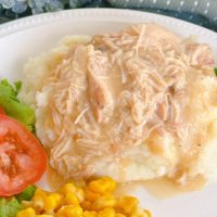 Slow Cooker Chicken and Gravy with mashed potatoes on a dinner plate.