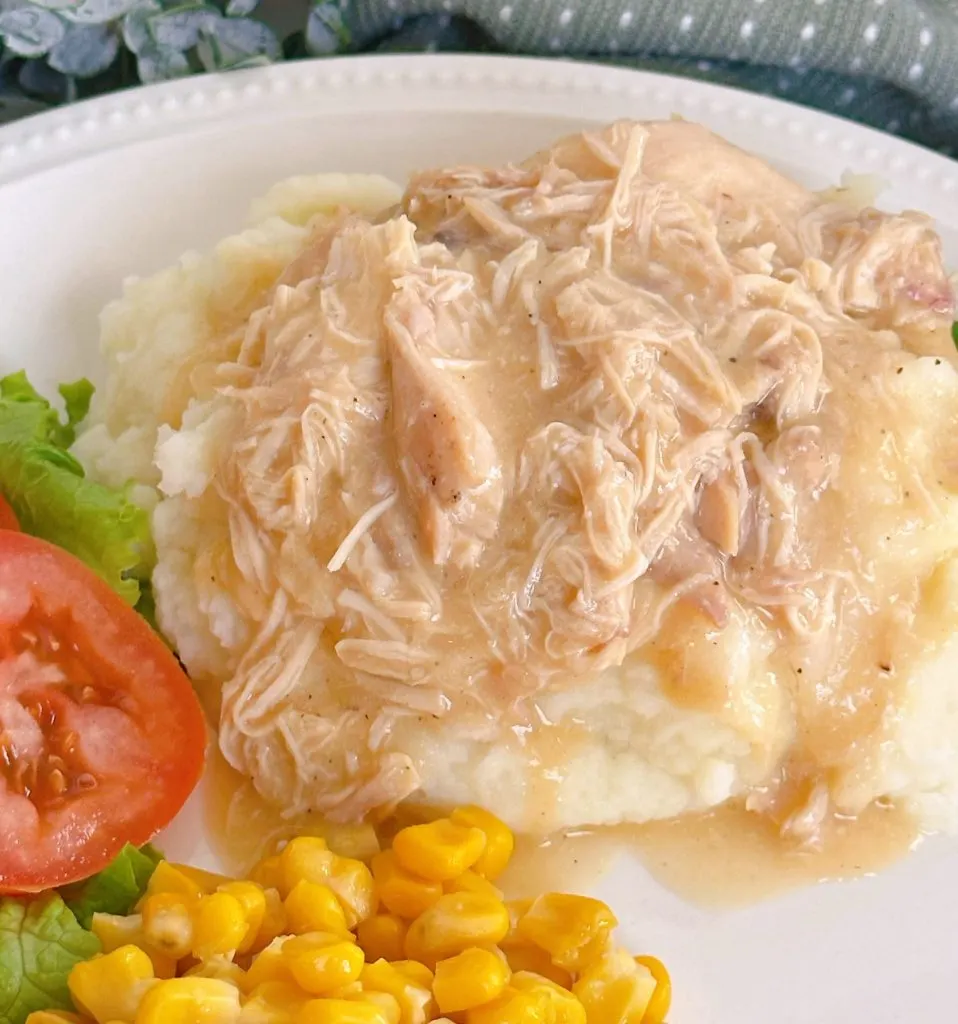 Slow Cooker Chicken and Gravy on a dinner plate.