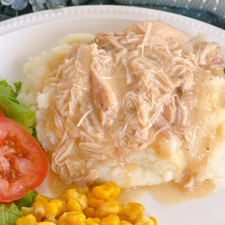 Slow Cooker Chicken and Gravy on a dinner plate.