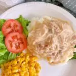 Slow Cooker Chicken and Gravy with salad and corn.