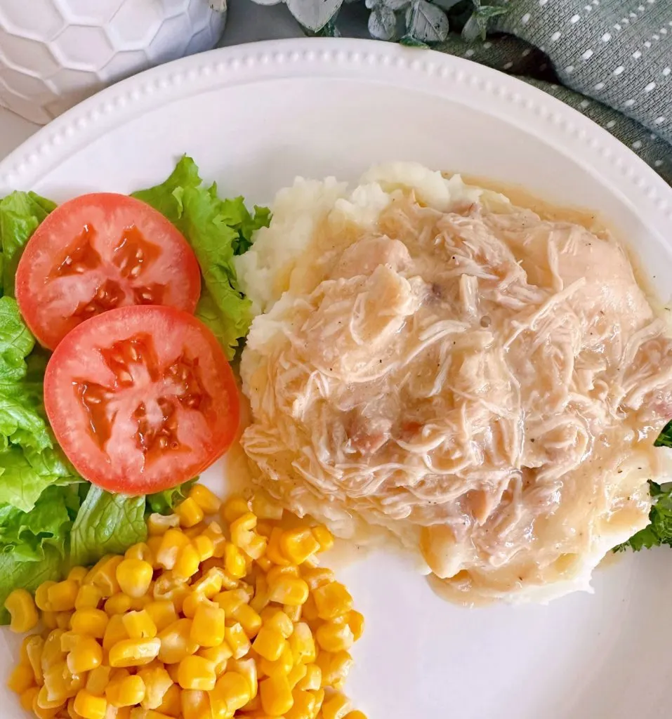 Slow Cooker Chicken and Gravy with salad and corn.