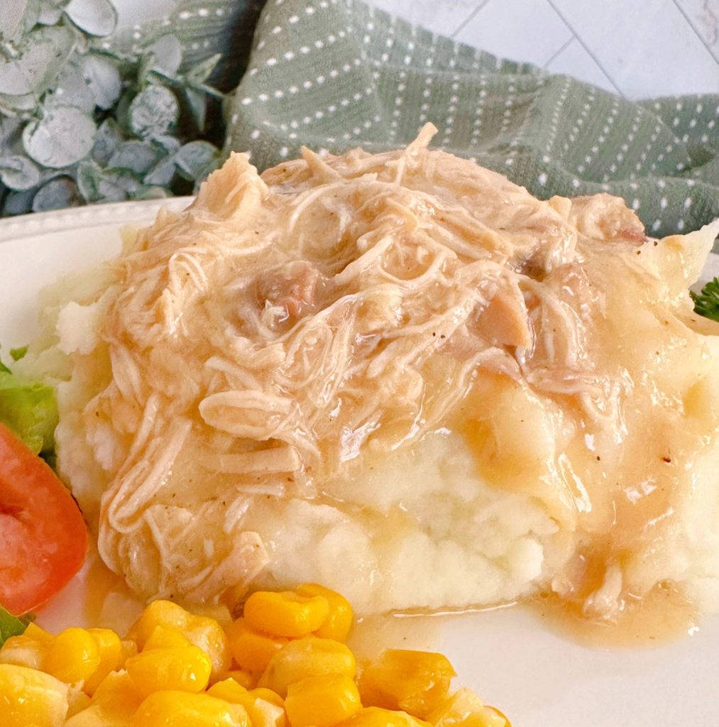 Slow Cooker Chicken and Gravy on top of mashed potatoes on a white dinner plate.