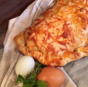 Whole breakfast calzone before serving.