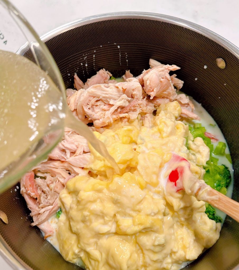 Chicken Broccoli Soup ingredients in a pot.