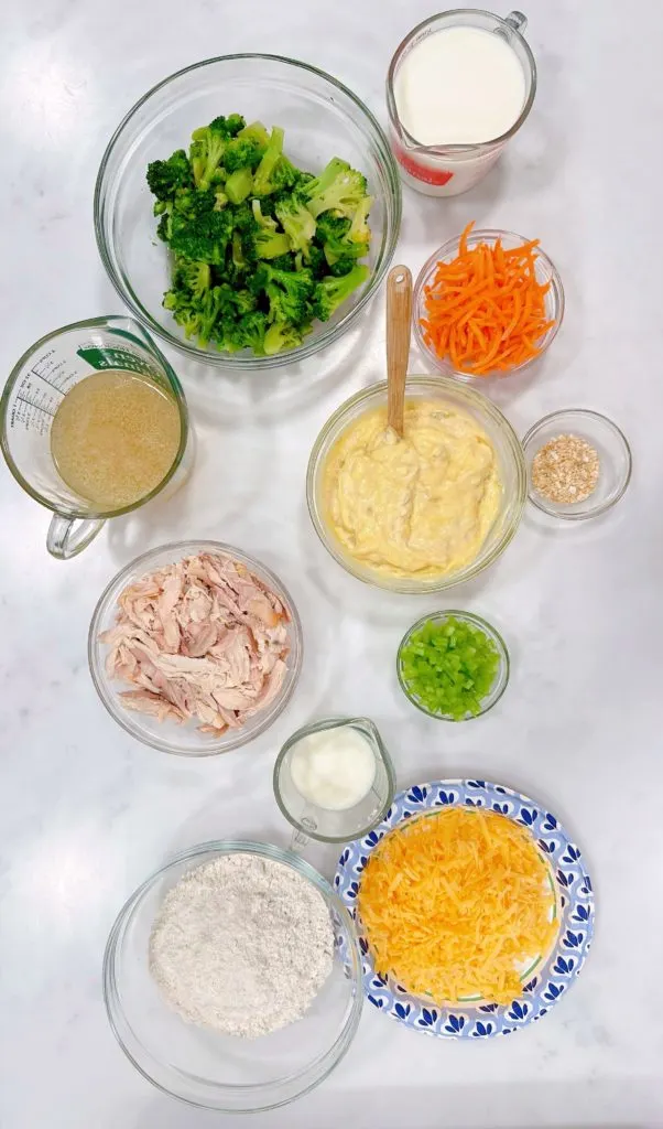 Ingredients for Creamy Chicken Broccoli Soup with Cheddar Biscuits.