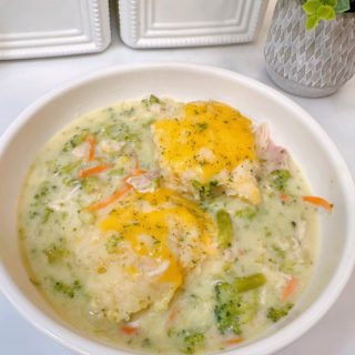 Chicken and Broccoli Soup with Cheddar Dumplings in a bowl