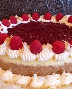 Close up photo of Coconut Raspberry Cheesecake.