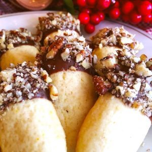 Plate of Chocolate-Dipped Orange Log cookies