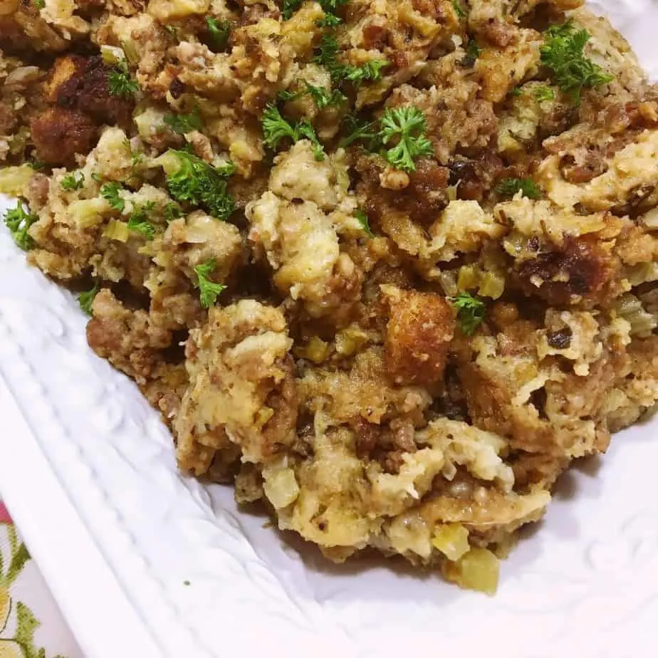 Sausage and Herb Stuffing in a serving bowl.