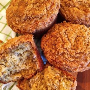 Banana Crumb Muffins in a bread basket