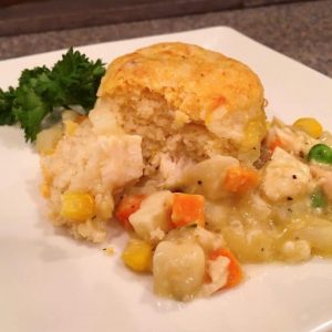 Chicken Biscuit Pot Pie on white serving plate