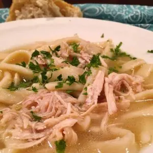 Big bowl full of Grandma's Chicken Noodle Soup