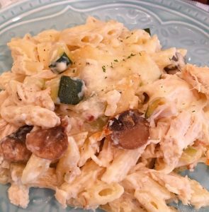 Plate full chicken zucchini pasta casserole