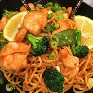 Ginger Lemon Soy Shrimp and Noodles on a plate