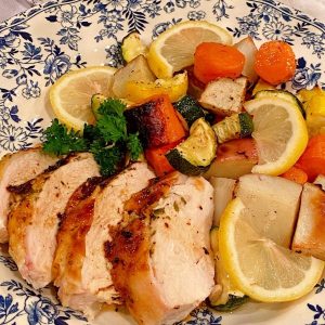 Spatchcock chicken with veggies