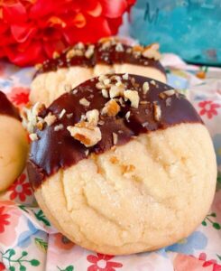 Close up of chocolate dipped sugar cookie