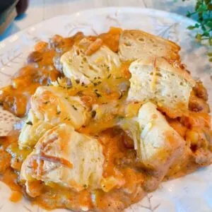 Cowboy Hamburger Biscuit Casserole serving on a plate