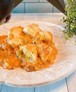 Cowboy Ground Beef Casserole on a plate ready to eat.