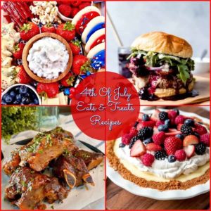 Collage of Patriotic Recipes four in total, a hamburger, party platter with desserts, ribs, and a lemon cream pie with berries on top.