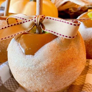 Close up photo of an Apple Pie Caramel Apple