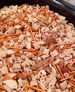 Chex Mix ready for the oven.