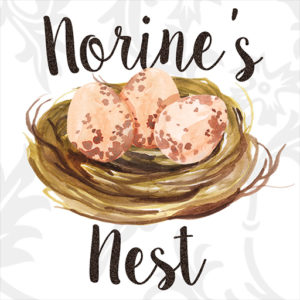 Norine's Nest Logo with birds nest and eggs.