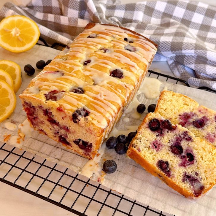 Lemon Blueberry bread sliced on the cooling rack.