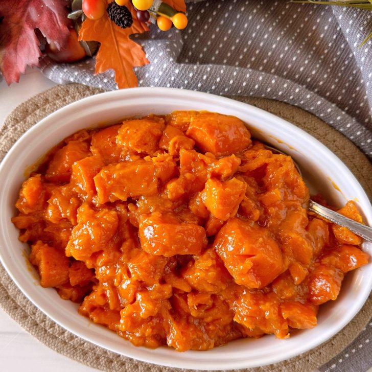 Candied Yams in a white serving dish.