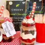 Individual Choffy Chocolate Trifles with Coffy bags in the background.
