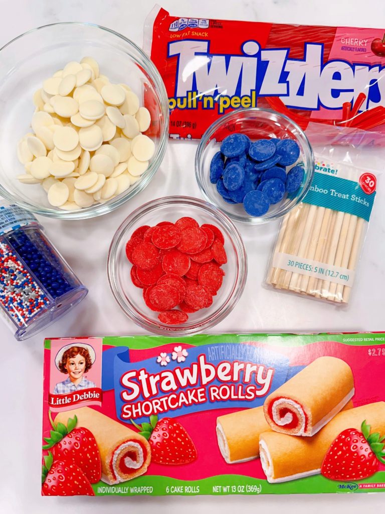 Ingredients on a white counter top for Firecracker Pops.