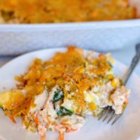 Chicken and Stuffing Zucchini Casserole on a serving plate with a fork.