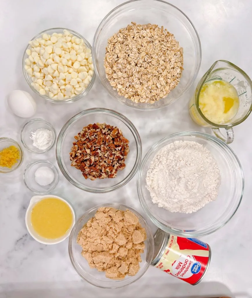 Ingredients for White Chip Lemon Streusel Bars.