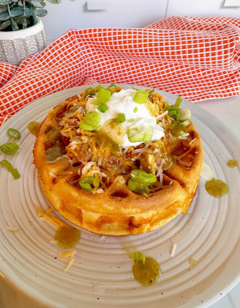 Cornbread waffles stuffed chili and cheese.