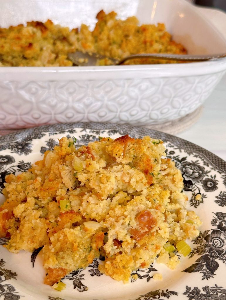 Plate full of Cornbread Dressing on a dinner plate.