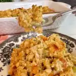 Fork with cornbread stuffing mix on the end of it.