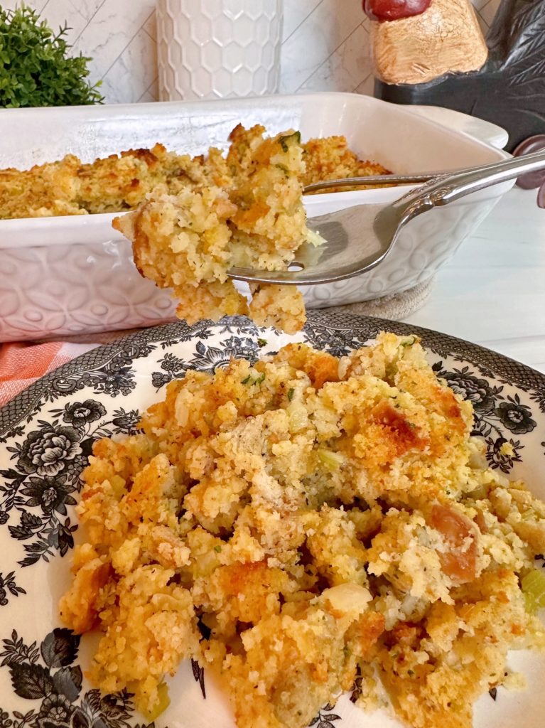 Fork with cornbread stuffing mix on the end of it.