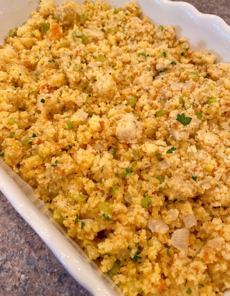 Cornbread mixture in baking dish ready to bake.