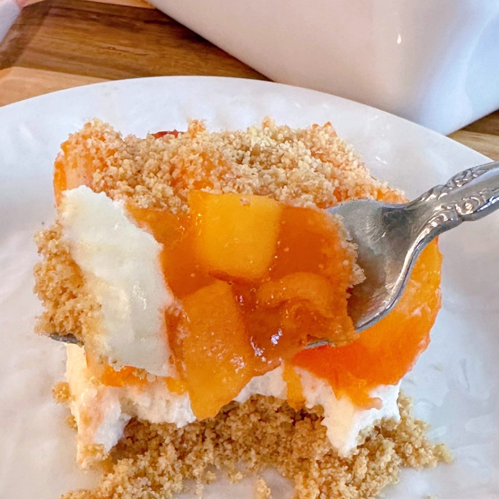 Forkful of peaches and cream dessert!