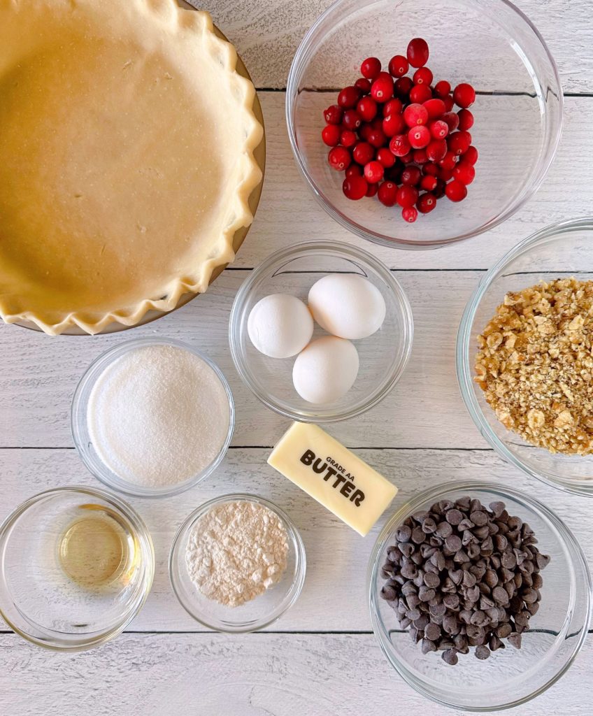 Ingredients for Cranberry Chocolate Walnut Pie.