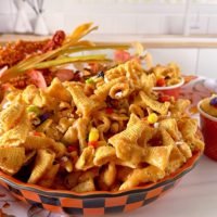 Bugles Snack Crack Mix in a large holiday bowl.