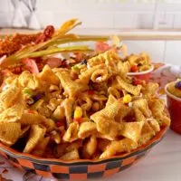 Bugles Snack Crack Mix in a large holiday bowl.