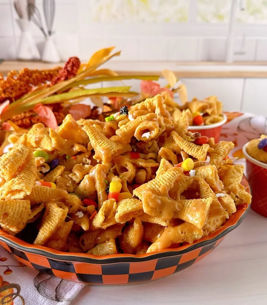 Bugles Snack Crack Mix in a large holiday bowl.