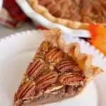 Perfect slice of pecan pie on a dessert plate.