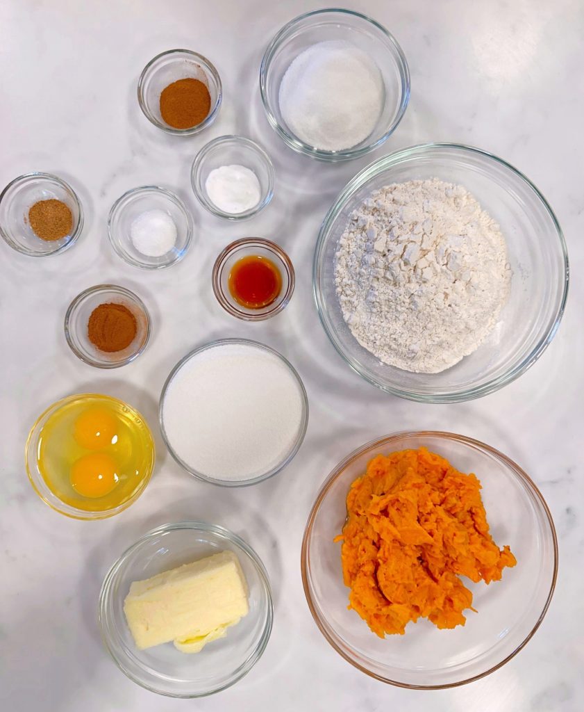 Sweet potato ingredients on a white countertop.