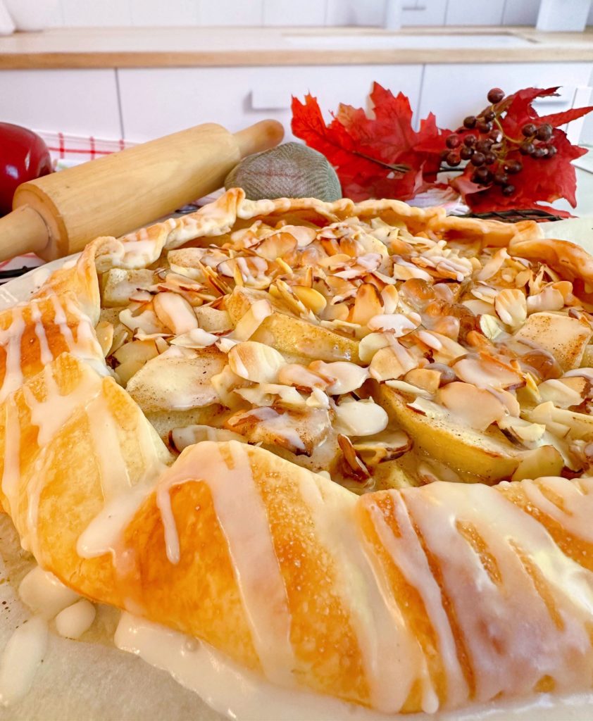 Up close photo of the baked apple almond galette.