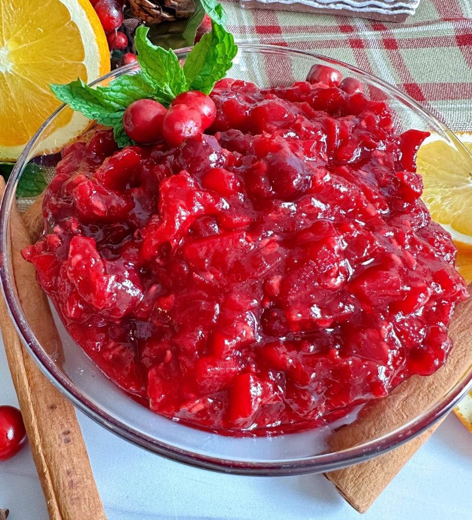 Spiced Cranberry Pear Chutney in a serving bowl.