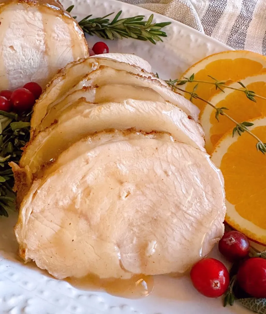 Close up photo of sliced turkey breast.